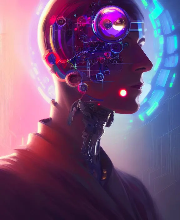 Image similar to a whirlwind inside the metaverse, guy, male, man, hologram, half body, neurochip, android, cyborg, cyberpunk face, by loish, d & d, fantasy, intricate, elegant, highly detailed, colorful, digital painting, artstation, concept art, art by artgerm and greg rutkowski and alphonse mucha