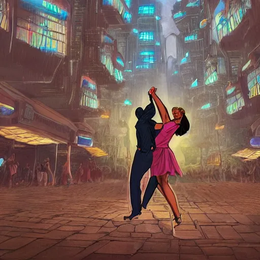 Image similar to a dancing couple in a future city, highly detailed, fantasy art