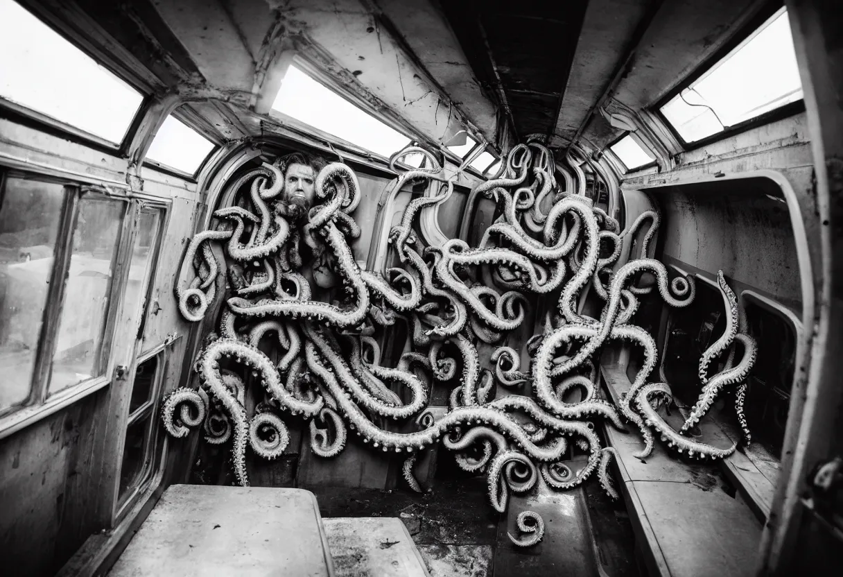 Image similar to a busy subway wagon, there is a huge monster octopus on the interior, tentacles creeping in through the windows and gaps, people are scared and screaming while trying to flee through the windows, 1 6 mm lens,