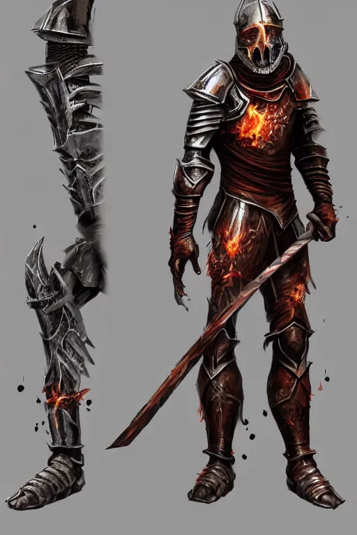 Prompt: a full body character design of an undead knight, average adult human proportions, burnt armor, flaming sword dark, high detail, gritty texture, Artstation