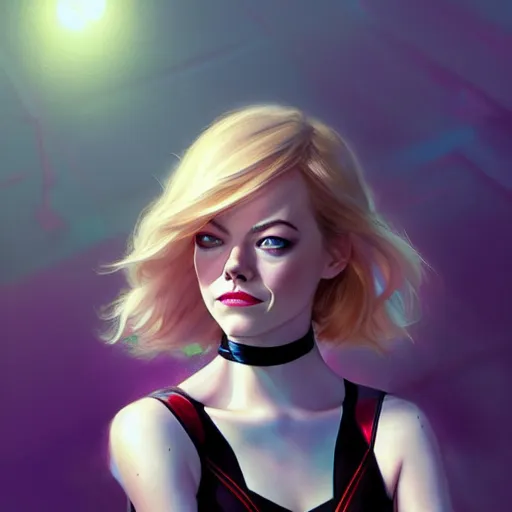 Image similar to beautiful Emma Stone as Spider-Gwen, western, closeup, D&D, fantasy, intricate, elegant, highly detailed, digital painting, artstation, concept art, matte, sharp focus, illustration, art by Artgerm and Greg Rutkowski and Alphonse Mucha