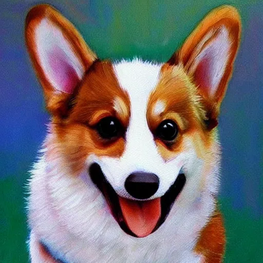 Image similar to corgi realistic painting, happy, cute, smiling