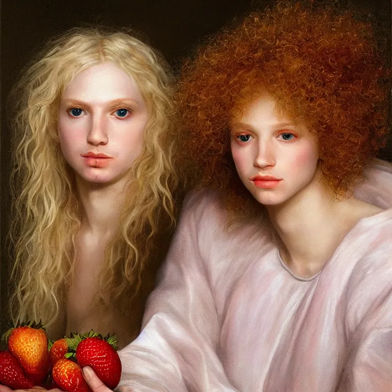 Image similar to a striking hyper real painting of Lucius the pretty pale androgynous albino blond prince, golden hour, beautiful delicate smile soft pink lips and lavender eyes, long fluffy curly light blond hair, STRAWBERRY BLOND, by Jan Matejko