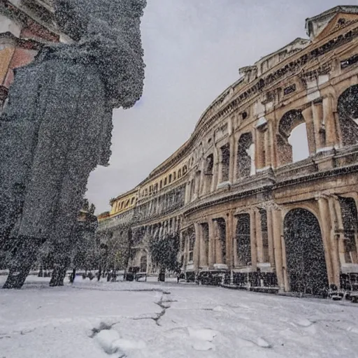 Image similar to The city of Rome under the snow on August. It's snowing everywhere on the entire cityscape of Rome under a blue sky and a very hot sun. It's crazy hot.