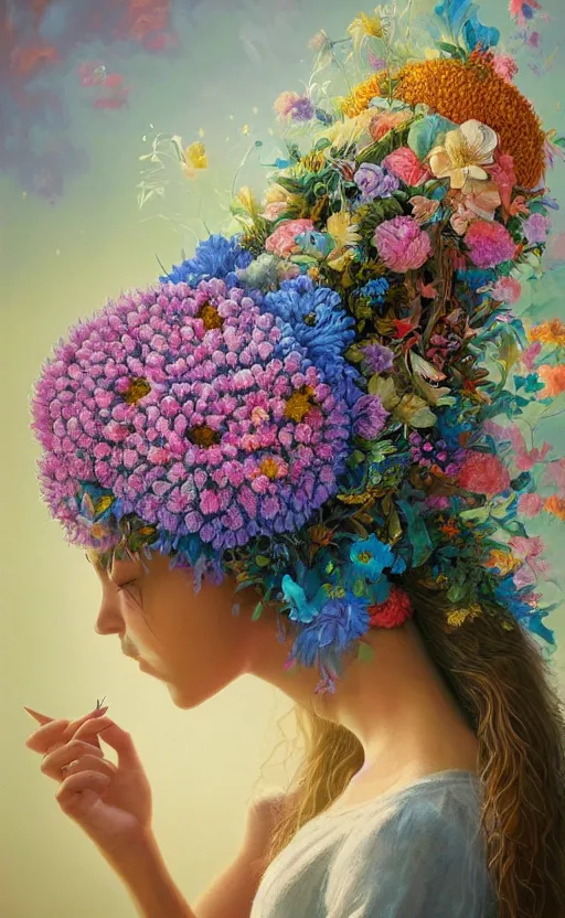 Image similar to a beautiful oil painting hyperrealism of a beautiful woman, flowers, floral headdress, 8 k resolution, octane render, trending on artstation, by gediminas pranckevicius, volumetric light 2 blue fractal thunder glow by dan mumford, anaglyph effect, laurie lipton