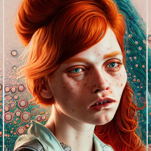 Prompt: Lofi pale redhead with freckles BioPunk portrait, Pixar style, by Tristan Eaton Stanley Artgerm and Tom Bagshaw.