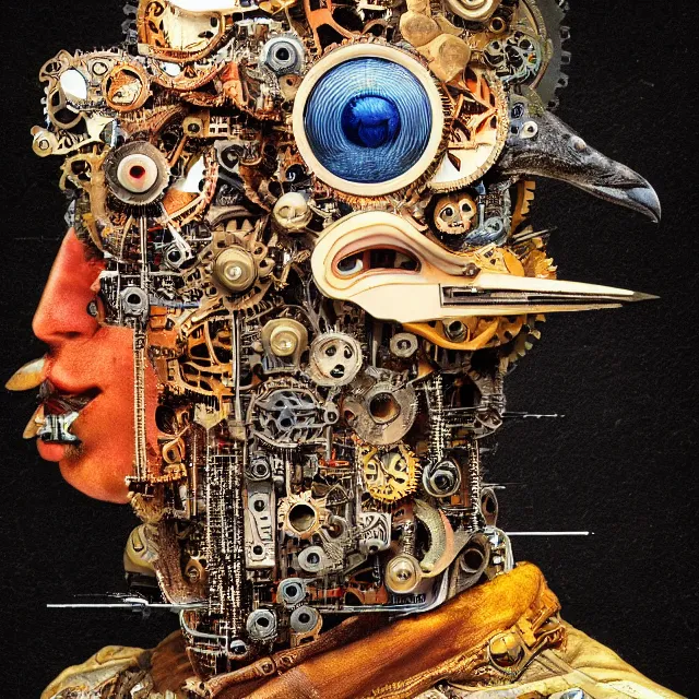 Image similar to profile portrait of a bird, computer parts, mechanical parts, by giuseppe arcimboldo, steampunk, cyberpunk, futuristic, psychedelic, surreal, sci - fi, vaporwave, alien, dreamlike.