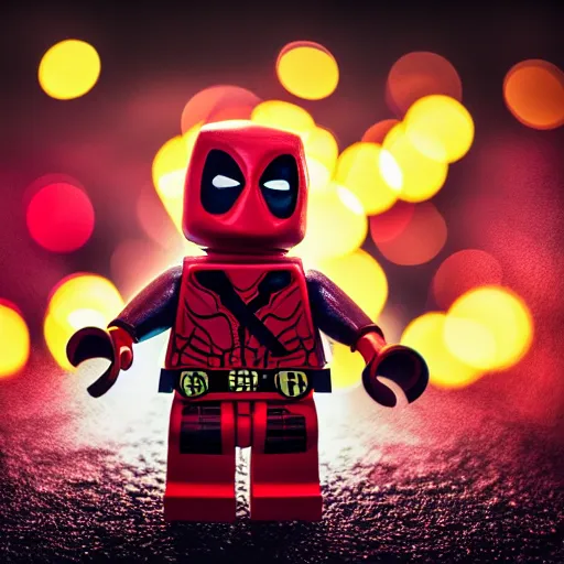 Image similar to deadpool as lego character, bokeh, photo, hyperrealistic, detailed textures and soft studio lighting, striking a cinematic pose, lego background, duplo, lego movie, octane render, 8 k soft shadows, sharp focus, extreme detail, hyper realistic, award winning photo