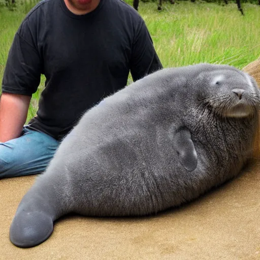 Image similar to incredibly fluffy cat sized pygmy manatee being cradled by a person, realistic, fantasy, pet, adorable, national geographic