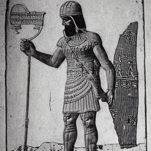 Prompt: An ancient Assyrian warrior standing in front of the burning city of Nineveh