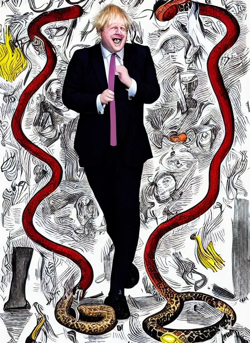 Image similar to A portrait of Boris Johnson with the body of a snake, wearing a suit, at a house party, laughing at the poor, high definition, digital art, illustration, hyperrealist