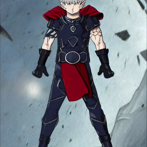 Image similar to adult killua zoldyck in thor's dark world mcu armor, full body armor, anime art, highly detailed