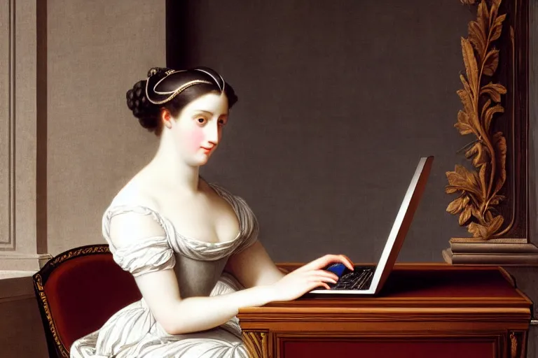 Image similar to 1 8 0 1 lady on her laptop at her desk by vittorio reggianini, georgian dress, directoire style, regency, empire silhouette, bright lighting, perfectly detailed eyes, beautiful hands, pale skin, clear face