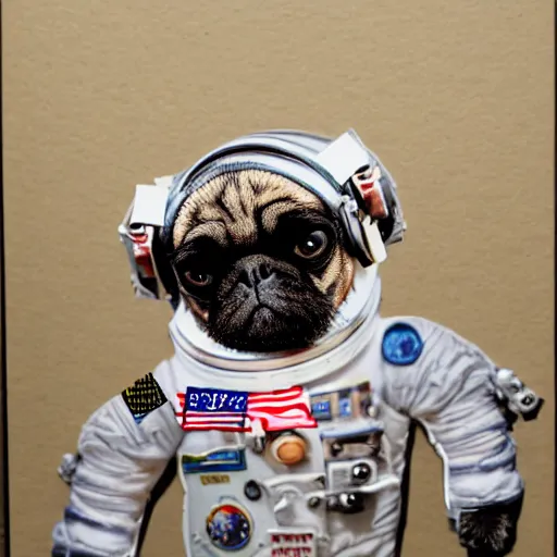 Image similar to hyper realistic, highly detailed, astronaut pug in space.