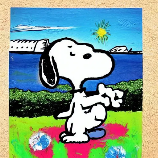 Image similar to snoopy in cancun, paint, art, carton