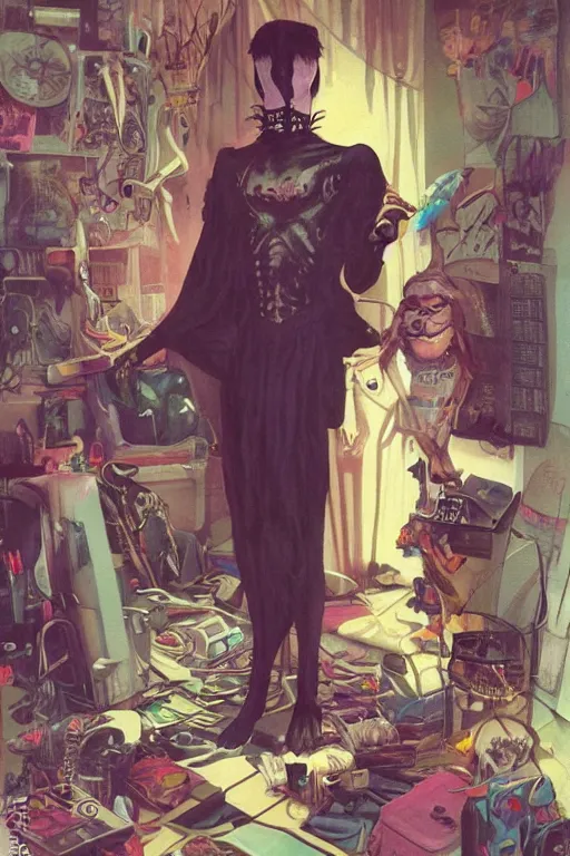 Image similar to a skinny goth guy standing in a cluttered 9 0 s bedroom, full body character concept art, vaporwave colors, gerald brom art,