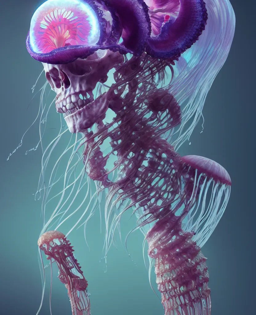 Image similar to goddess close - up portrait human skeleton, ram skull, jellyfish, orchid, betta fish, bioluminiscent, intricate artwork by tooth wu and wlop and beeple. octane render, trending on artstation, greg rutkowski very coherent symmetrical artwork. cinematic, hyper realism, high detail, octane render, 8 k