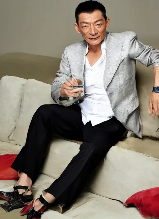 Prompt: hong kong star andy lau sits on the sofa and smokes