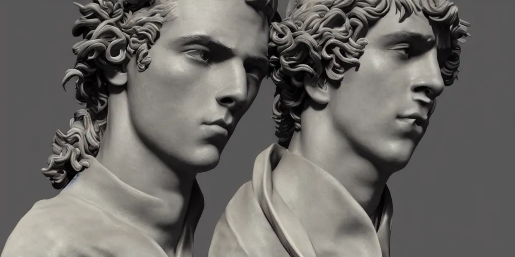 Image similar to a perfect porcelain Baroque style bust of handsome young Spanish man with pipe cleaners coming out of the neck, photorealism, octane render, depth of field, 8k, 35mm, artgem, Trending on artstation