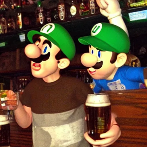 Image similar to luigi from super mario chugging a beer with the boys at the bar