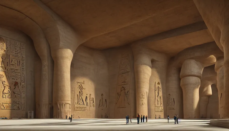 Image similar to the inside of a monument with egyptian motifs, by tim blandin and arthur haas and bruce pennington and john schoenherr, big windows architecture by zaha hadid, octane render, cinematic, scenery, cgsociety, modernism, futuristic, trending on artstation, sci - fi, high detail, high quality, sharp focus, close up angle, people walking