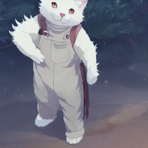 Image similar to overweight white cat cat wearing overalls and a long sleeved sweater, fursona, anthro, male, anime key visual, detailed white fur, makoto shinkai, portrait