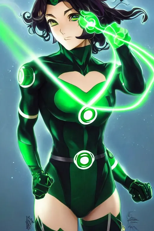 Image similar to anime key visual of a beautiful young female green lantern!! intricate, green and black suit, glowing, powers, dc comics, cinematic, stunning, highly detailed, digital painting, artstation, smooth, hard focus, illustration, art by artgerm and greg rutkowski and alphonse mucha