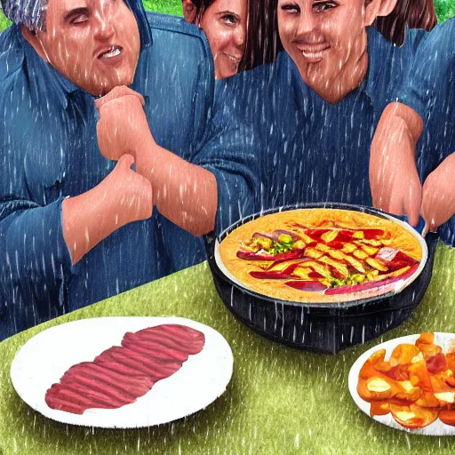 Image similar to portrait of people doing bbq under heavy rain, ultra realistic face detailed eyes