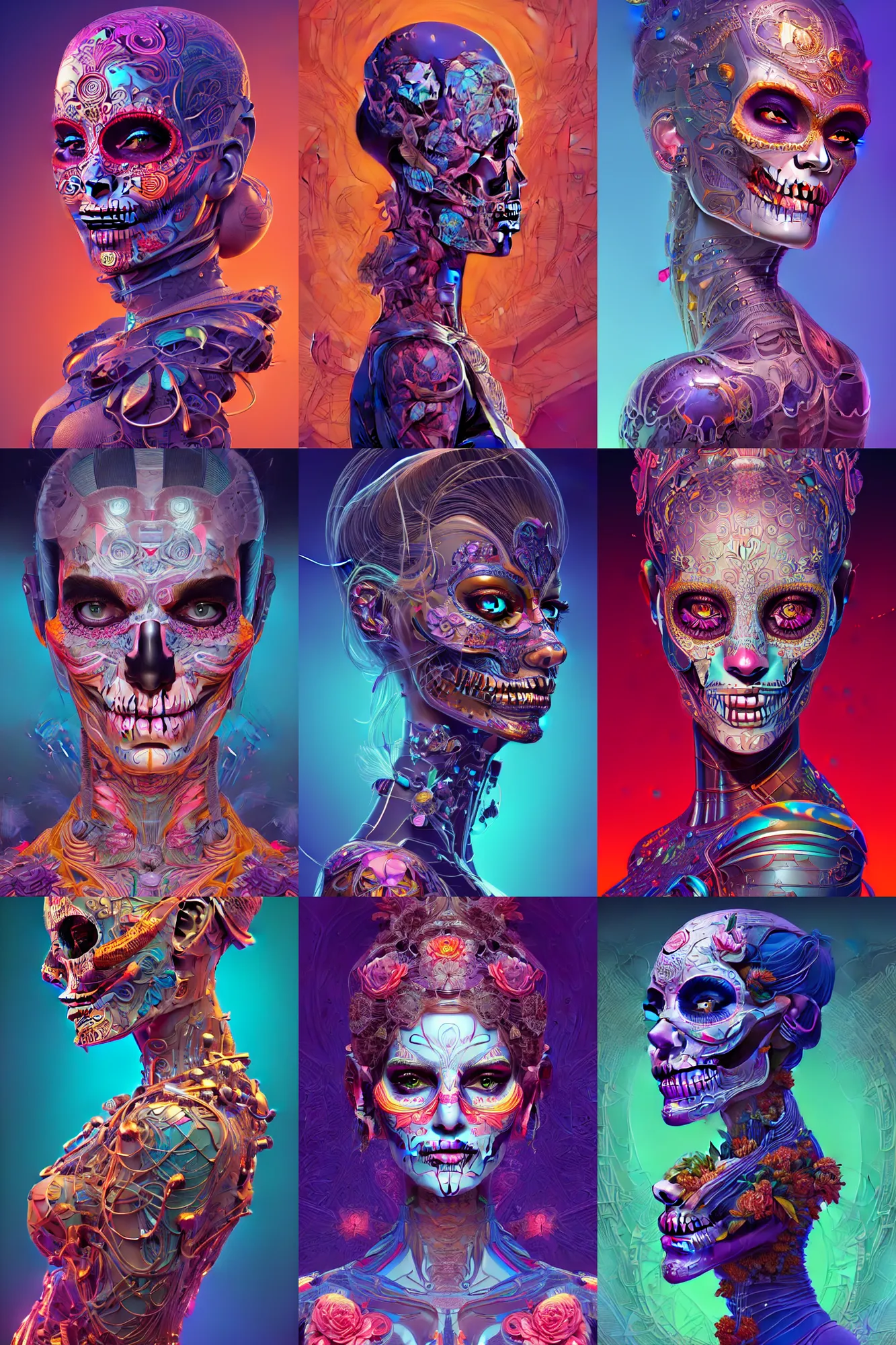 Prompt: beautiful female android, highly detailed vfx side portrait, intricate detailed environment, global illumination, by james jean and moebius and artgerm and liam brazier and victo ngai and tristan eaton. detailed, vector art, digital illustration, concept art, dia de los muertos. 8 k, hdr