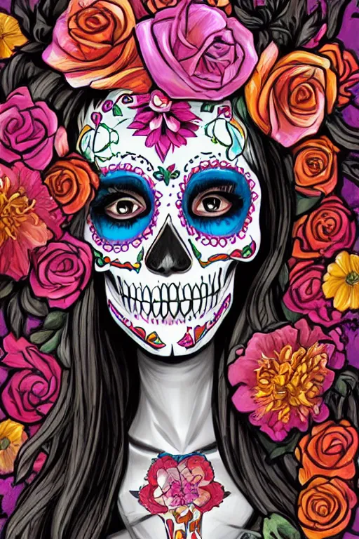 Prompt: Illustration of a sugar skull day of the dead girl, art by Steve henderson