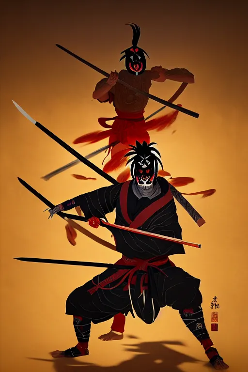 Prompt: elaborate illustration of an insane kabuki warrior wielding a spear striking a pose while emitting a visible aura of madness, crossed eyes, hazy atmosphere, greg rutkowski style, high quality, 8 k