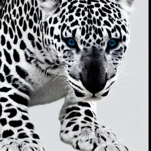 Prompt: a white leopard, black background, hyper realistic