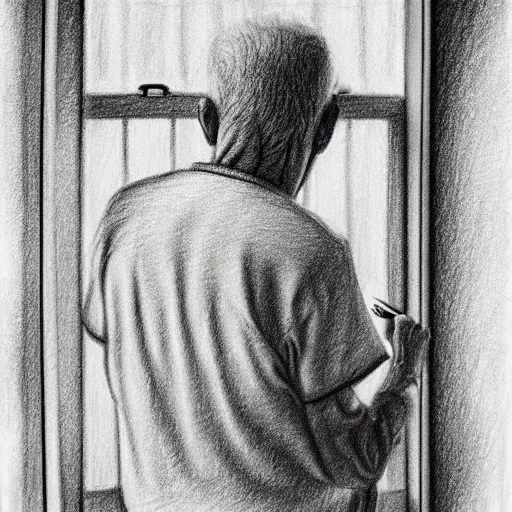 Prompt: pencil drawing of an old man in a nursing home looking out the window and remembering his youth, artistic illustration, stylized, detailed