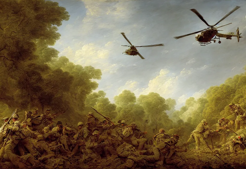 Image similar to afghanistan war by jean honore fragonard, green jungle, helicopters, battlefield, firings, bombs