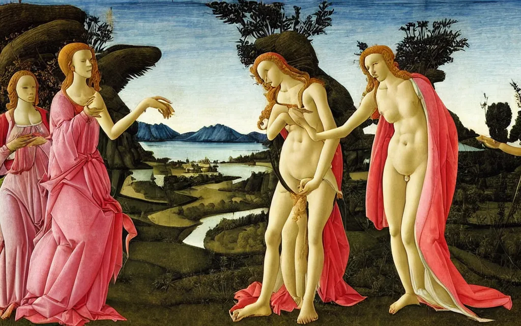 Image similar to sandro botticelli. very soft, delicate light. venus standing at a bus stop arguing with herself.