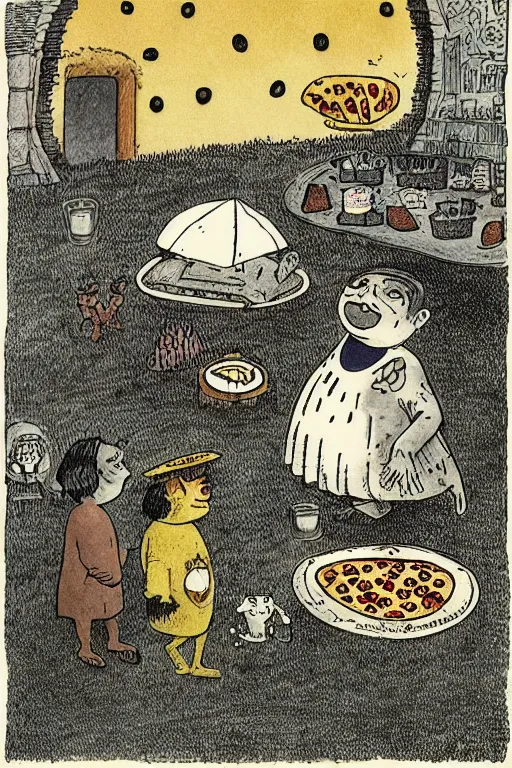 Prompt: a funeral for a pizza, by maurice sendak