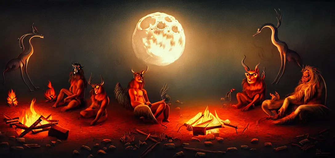 Image similar to strange mythical beasts of sitting around a fire under a full moon, surreal dark uncanny painting by ronny khalil