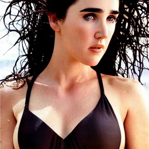 Image similar to Portrait Photography, medium closeup of young jennifer connelly poses in 2 Piece Mini Micro Push Up Swimsuits at summer beach, confident pose, fierce expression, intricate details, detailed face, detailed illustration, impressive lighting, symmetrical features, ultra detailed, 12 megapixels