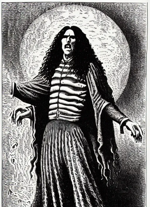 Prompt: illustration of weird al yankovic as a demon from the dictionarre infernal, etching by louis le breton, 1 8 6 9, 1 2 0 0 dpi scan, ultrasharp detail, clean scan