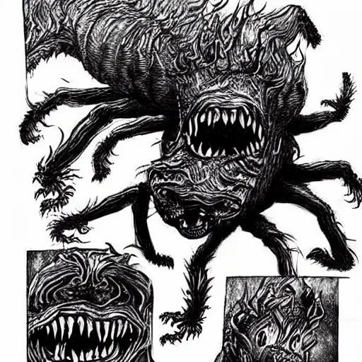 Image similar to spider dog monster with four heads breathing fire and crushing buildings, in the style of Junji Ito heavy ink