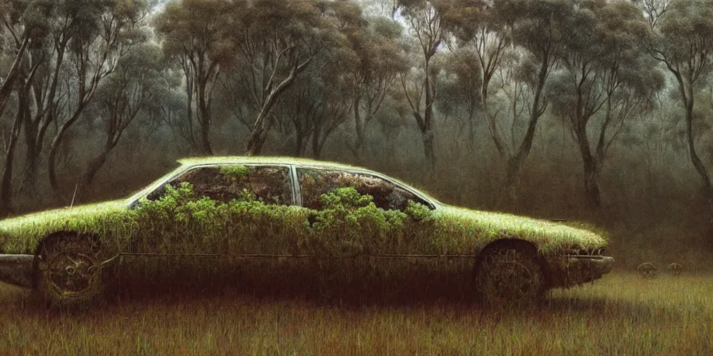 Prompt: hyper realistic painting of an australian landscape, an abandoned holden commodore covered with moss. by Zdzislaw Beksinski