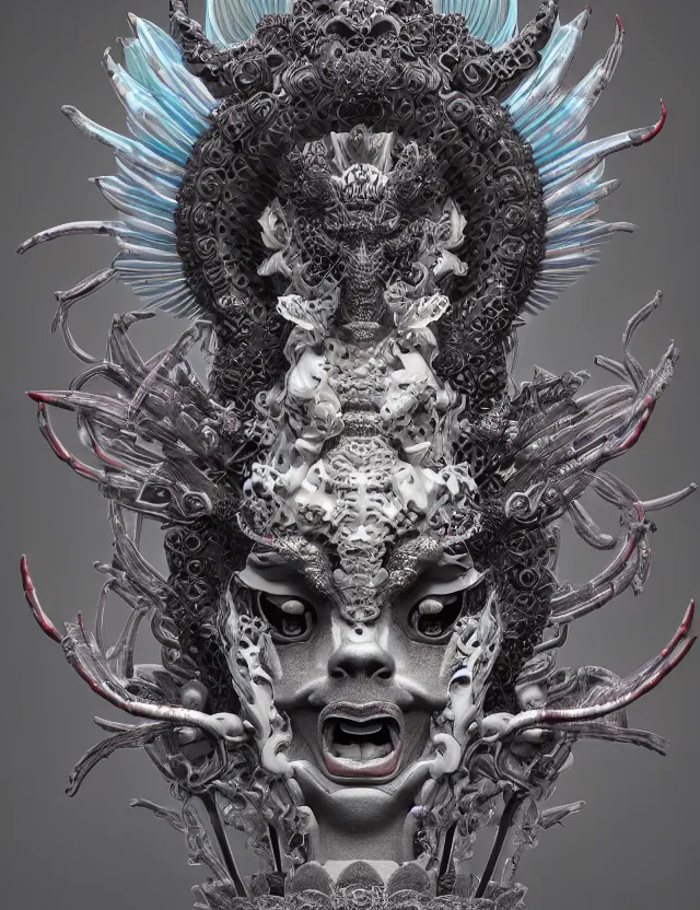 Image similar to 3 d goddess close - up profile satan biohazard portrait with crown, ram skull. beautiful intricately detailed japanese crow kitsune mask and clasical japanese kimono. betta fish, jellyfish phoenix, bio luminescent, plasma, ice, water, wind, creature, artwork by tooth wu and wlop and beeple and greg rutkowski