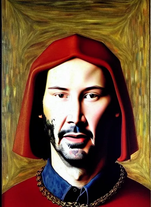 Image similar to portrait of keanu reeves, oil painting by jan van eyck, northern renaissance art, oil on canvas, wet - on - wet technique, realistic, expressive emotions, intricate textures, illusionistic detail