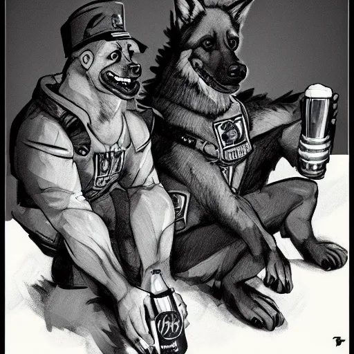 Image similar to two humanoid german shepherds beast - men in military style, they holding a beer, artstation, concept art, smooth, sharp foccus ilustration, artstation