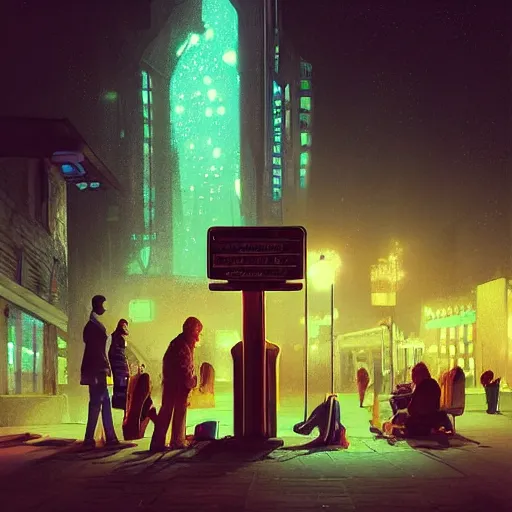 Prompt: some people waiting at bus stop in dark city night : : by beeple and james gilleard and justin gerard : :, centered, artstation, smooth, sharp focus, photoreal octane render, 3 d, by jean - baptiste monge!!!!!!!