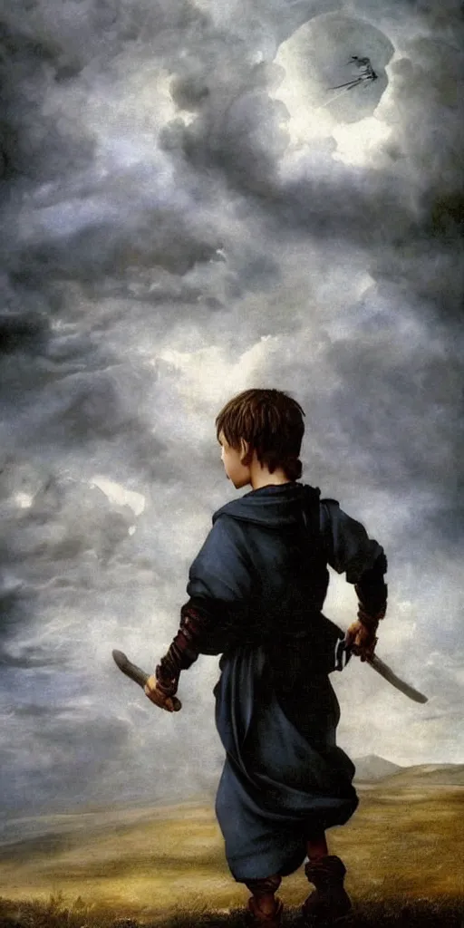 Prompt: a medieval peasant kid walking alone in the night dramatic airbrushed clouds over black background by Luis royo and Caravaggio airbrush fantasy 80s, realistic masterpiece