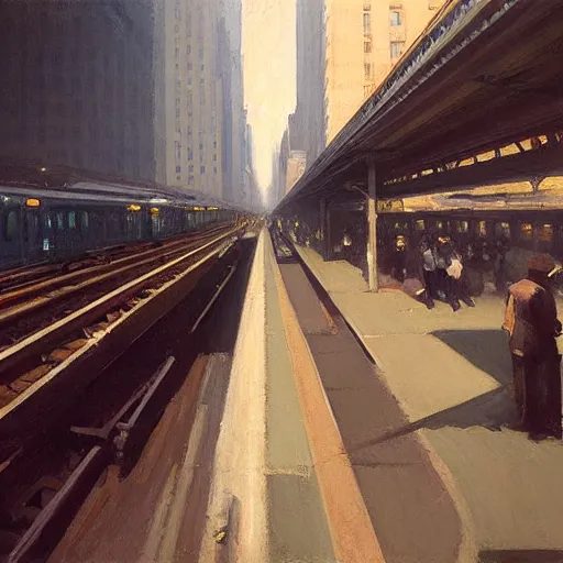 Image similar to new york subway, platform view, sharp focus, intricate, detailed, by edward hopper, greg rutkowski.