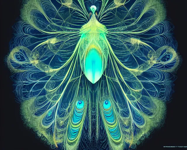 Prompt: symmetrical insect, peacock. intricate, centered, amazing composition by amano yoshitaka, by rembrandt, illustrious makinami, digital art, digital painting, artstation trending, unreal engine, fractal flame, transparent jellyfish, transparent feathers, bio luminescent, ice, water