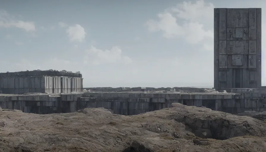 Image similar to big brutalist imperial military base on cliffs, drawing architecture, imperial architecture in rogue one, pritzker architecture prize, brutalism architecture, cinematic shot, by greig fraser, by emmanuel lubezki, robert richardson, hoyte van hoytema, roger deankins