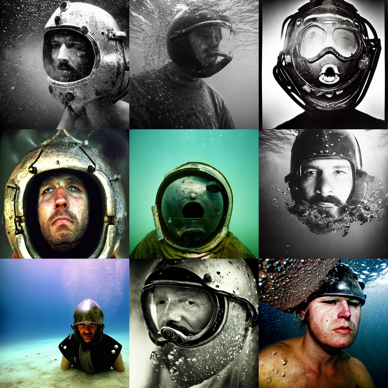Prompt: Underwater close up portrait of a man in medieval helmet by Trent Parke, clean, detailed, Magnum photos